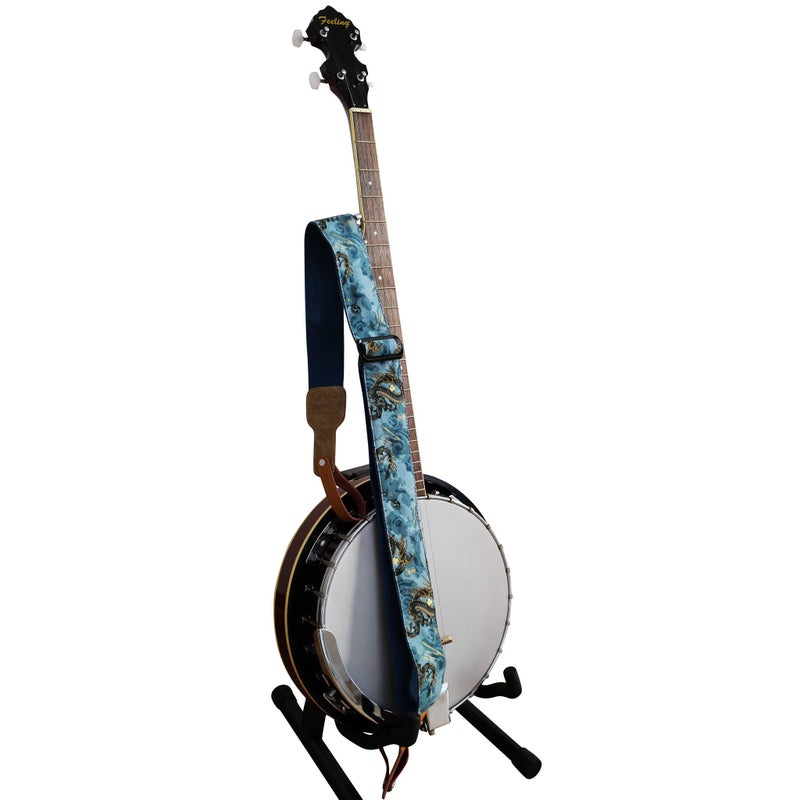 MUSIC FIRST Original Design, 2 inch width (5cm), Ukiyoe Style â€œThe Dragon Kingâ€ Soft Muslin & Genuine Leather Delux Banjo Strap, With 2 pieces of MUSIC FIRST Leather Strap Locker. (The Dragon King) - Image 2